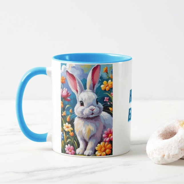Taza Conejo blanco adorable rodeado de flores vibrantes (Con donut)