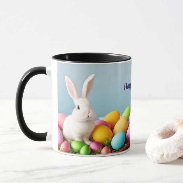 Taza Conejo de Pascua sentado en una cesta (Con donut)