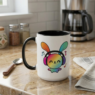 Taza Conejo feliz con auriculares escuchando música.