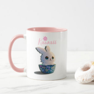 Taza conejo kawaii en un bol decorado con flores