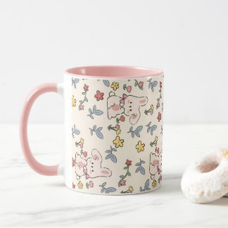 Taza Conejos, Flores Y Hojas