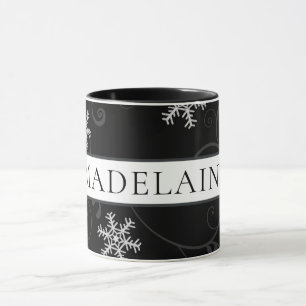 Taza Copo de nieve blanco y negro con nombre o el