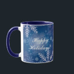 Taza Copos de nieve en azul<br><div class="desc">Blanco y marino de 11 onzas. combo mug con una imagen de copos de nieve en azul oscuro y un sentimiento opcional de vacaciones. Vea el tinte de caramelo, el plato de papel, las baldosas de cerámica cuadrada y las taras. Vea toda la colección Hanukkah Mug bajo la categoría HOME...</div>