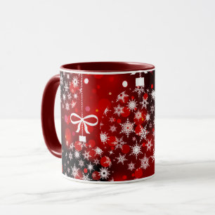 Taza Copos de nieve en un fondo rojo y negro.
