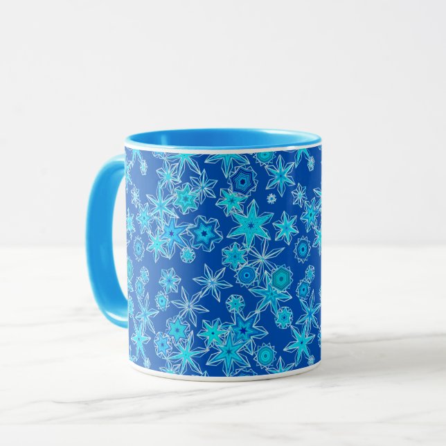 Taza Copos de nieve geométricos modernos, azul zafiro (Anverso izquierdo)
