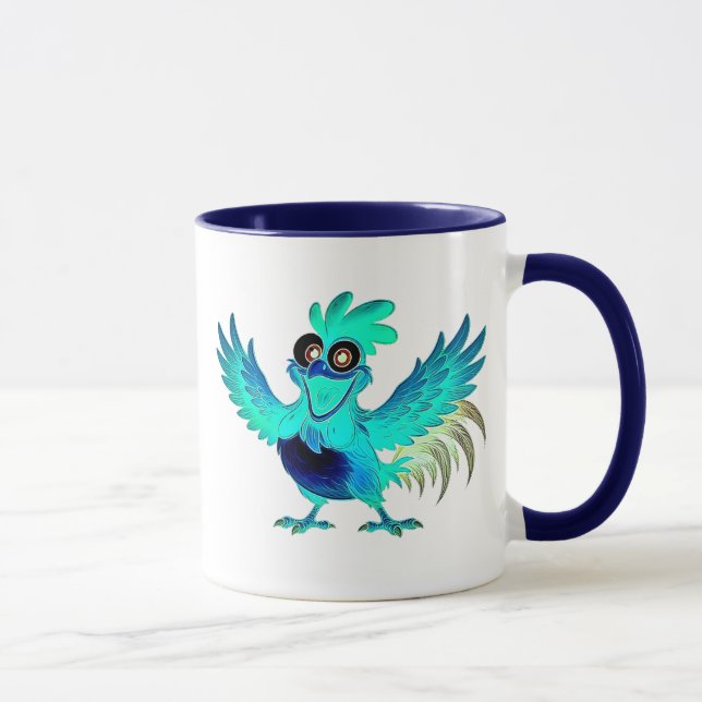 Taza Coq cartoon bleu joyeux avec ailes déployées. (Derecha)