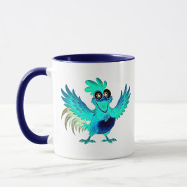 Taza Coq cartoon bleu joyeux avec ailes déployées.