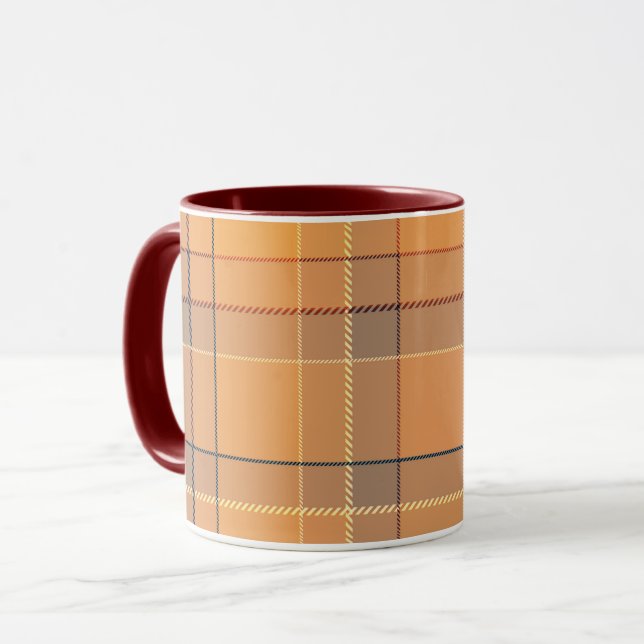 Taza Coral, naranja, manta de tartán marrón. (Anverso izquierdo)