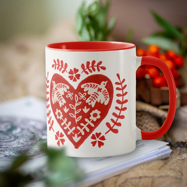 Taza Corazón de arte folclórico rojo y blanco (Subido por el creador)