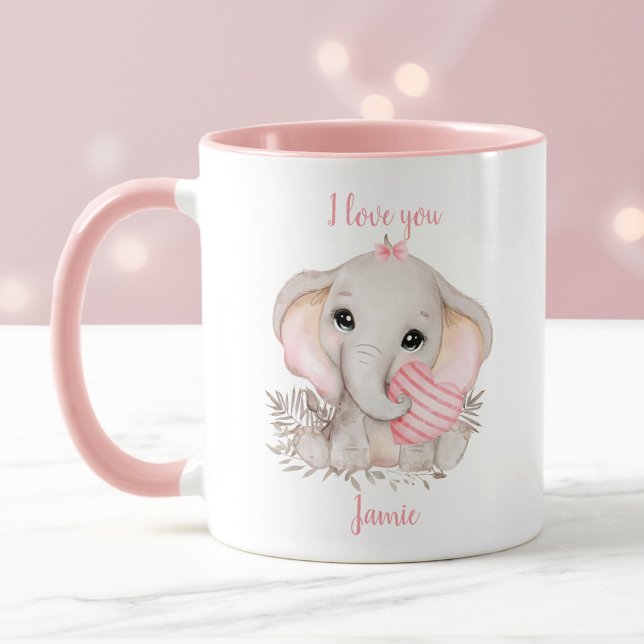 Taza Corazón de elefante lindo Valentine amor Nombre ro (Cute Elephant Heart Valentine love Pink Name Mug)