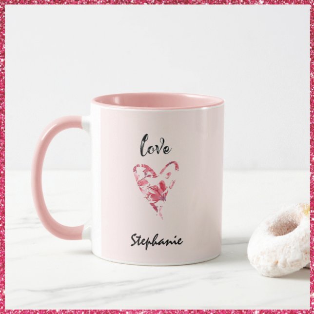 Taza Corazón floral de amor rosado bonito (Subido por el creador)