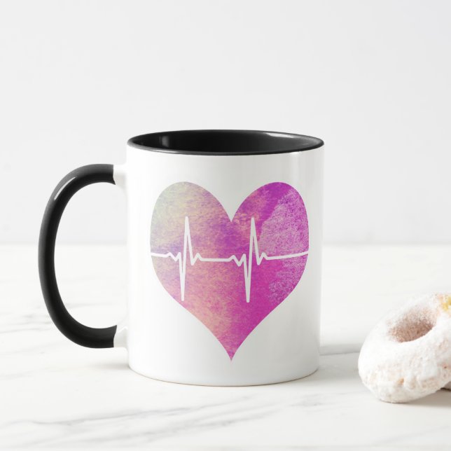 Taza Corazón púrpura EKG de la acuarela (Con donut)