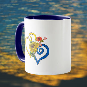 Taza Corazón torcido amarillo azul con buquete girasol