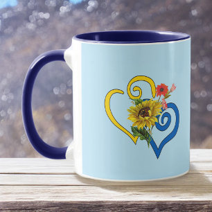 Taza Corazón torcido amarillo azul con girasol azul