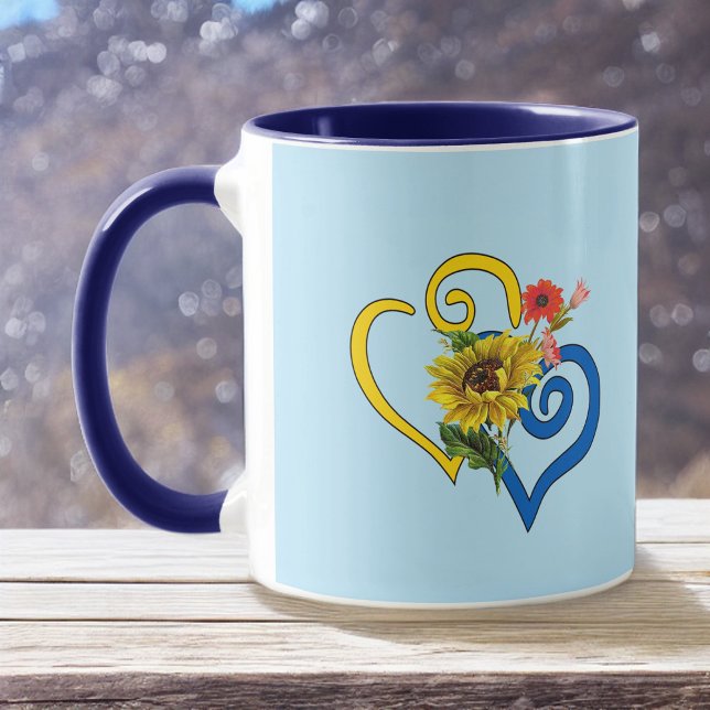 Taza Corazón torcido amarillo azul con girasol azul (Subido por el creador)