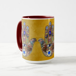 Taza Corazones de Hamsa Flores Ópalo Arte en Oro