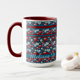 Taza Corazones de Navidades florales en azul rojo y ver