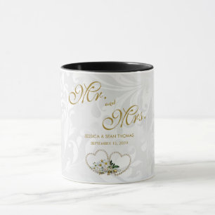 Taza Corazones de perla y flores Damask Día de la Boda