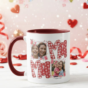 Taza Corazones de San Valentín de mamá y niño a cuadros