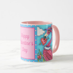 TAZA CORAZONES DE VÁLVULA DE FLAMINGO ROSA, AVES DE AMO