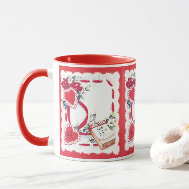 Taza Corazones, flores y cintas El día de San Valentín  (Con donut)