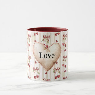 Taza Corazones Rojos Rayas Cerezas Lazos Día de San Val