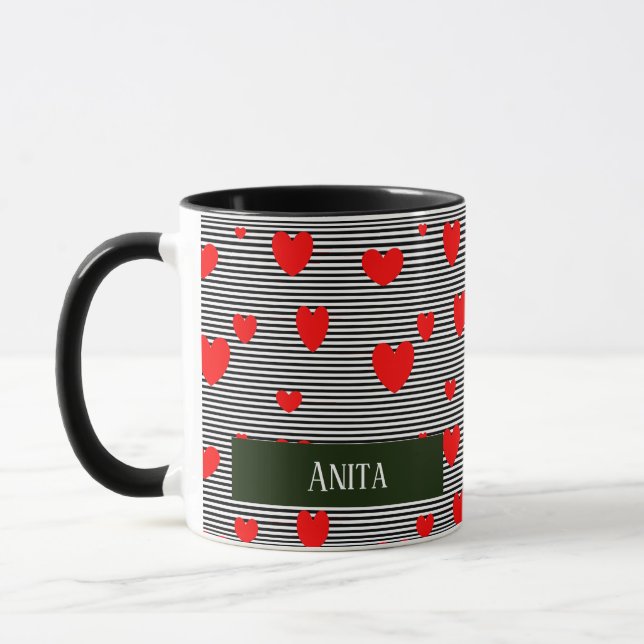 Taza Corazones y rayas rojas personalizadas (Izquierda)
