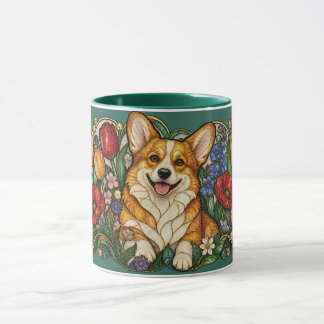 Taza Corgi Vidrio Emplomado Art Nouveau Floral