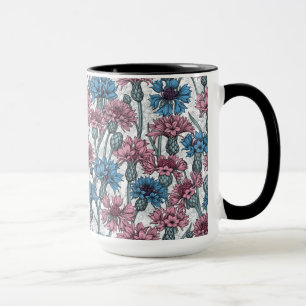 Taza Cornflores rosas y azules, flores silvestres en bl