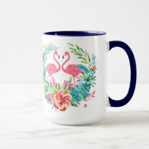 Taza Corona de Flamingos Rosas Flores Tropicales