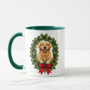 Taza Corona de Navidad de Holly con Golden Retriever