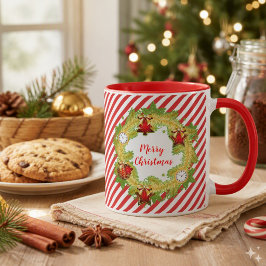 Taza Corona de Navidad Feliz Navidad Rayas Rojas