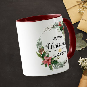 Taza Corona floral de Navidad y guión en color burdeos