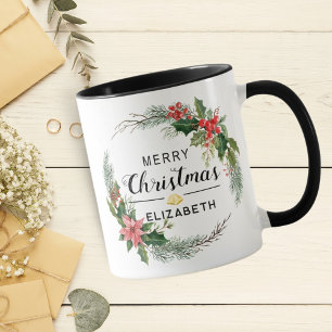 Taza Corona floral de Navidad y guión negro