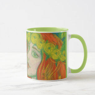 Taza "Coronas de Dandelions" pintando chica de pelo roj