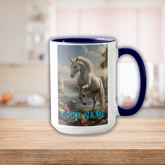 Taza Corriente de flores unifamiliares blancas personal (Personalized White Unicorn Flower Stream Mug)