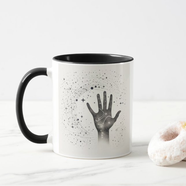 Taza Cosmic Hand in Starry Galaxy – Surreal Spiritual S (Con donut)