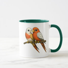 Taza Couple d’oiseaux colorés orange et beige perchés.