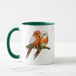 Taza Couple d’oiseaux colorés orange et beige perchés.