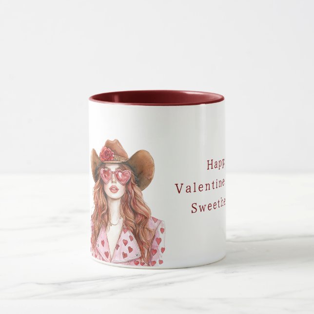 Taza Cowgirl Red Hair Pink Hearts Valentine's Day (Centro)