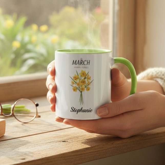 Taza Cozy Botanical Daffodil – Personalized March Birth (Cozy Botanical Daffodil – Personalized March Birthday mug)