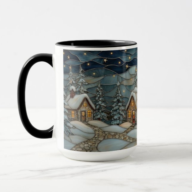 Taza Cozy Stained Glass Snowy Village Holiday Mug (Izquierda)