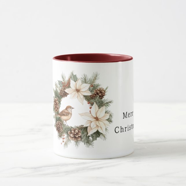 Taza Cozy Warm Christmas Poinsettia Pine Cones Bird (Centro)
