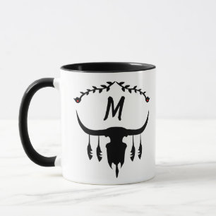 Taza Cráneo de toros con silueta de plumas negras