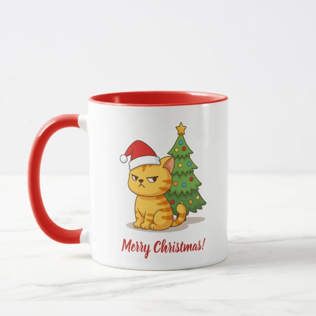 Taza Cranky Orange Tabby Cat Red Hat Christmas Tree (Izquierda)