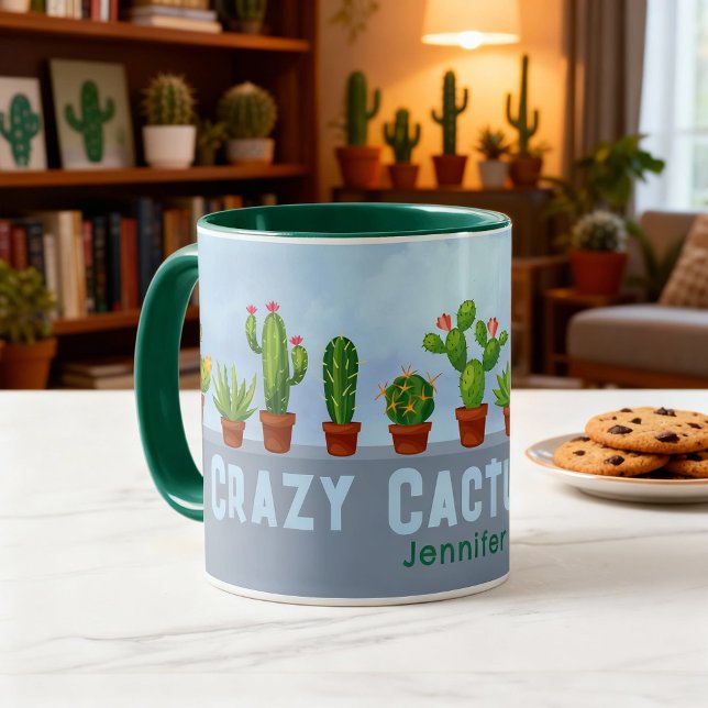 Taza Crazy Cactus Lady Mug con nombre personalizado (Crazy cactus lady coffee mug. Fun personalized gift for a cactus lover and collector.)