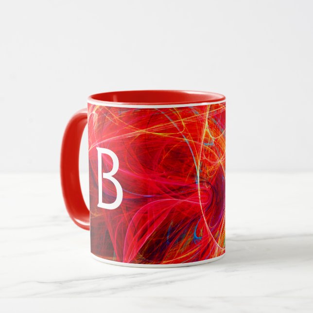 Taza CRAZY PHOTON Red Yellow Fractal Swirls Monograma (Anverso izquierdo)