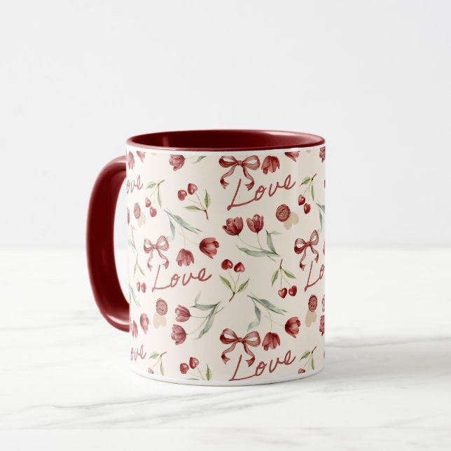Taza Cream Red Cherry Hearts Valentine's Day Love Bows (Anverso izquierdo)