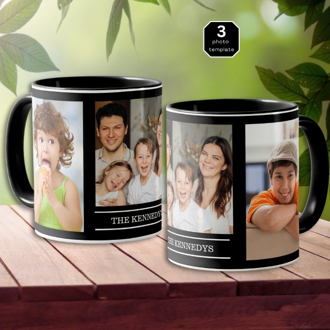 Taza Create Your Own Family Name 3 Photo Collage Black (Subido por el creador)