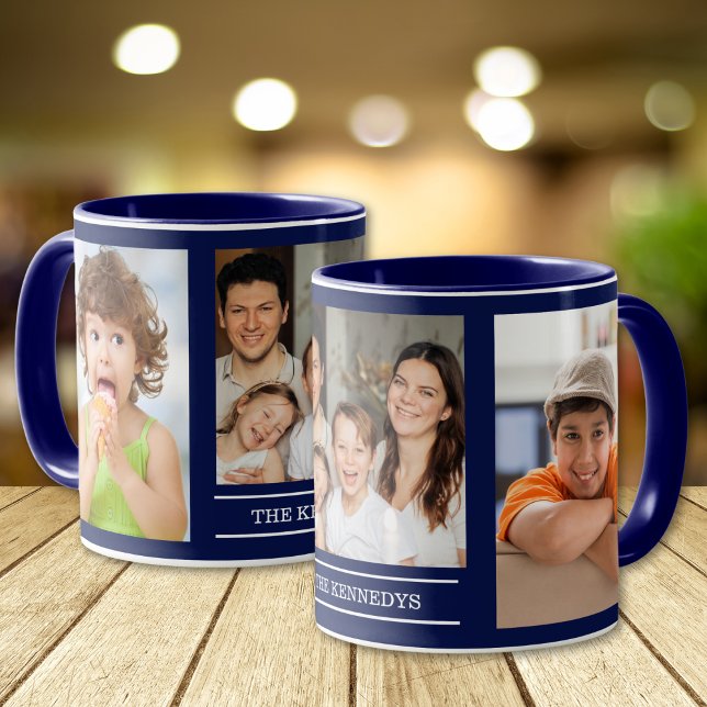 Taza Create Your Own Family Name 3 Photo Collage Blue (Subido por el creador)